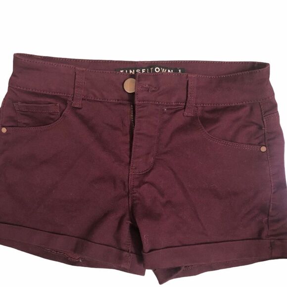 Tinseltown burgundy Denim stretch Cuffed Shortie Shorts Low rise Y2K- 1 juniors - Picture 1 of 6